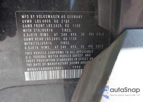 2017 Volkswagen Tiguan 2.0T/2.0T S из США, поврежденный, VIN WVGAV7AX6HK019951